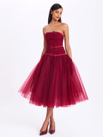 Mabel Burgundy Drop Waist Layered Mesh Midi Puffy Dress with Bow Miss Circle