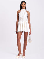 Idalia Pearl White Beaded Lace Trim Backless Halter Mini Dress Miss Circle