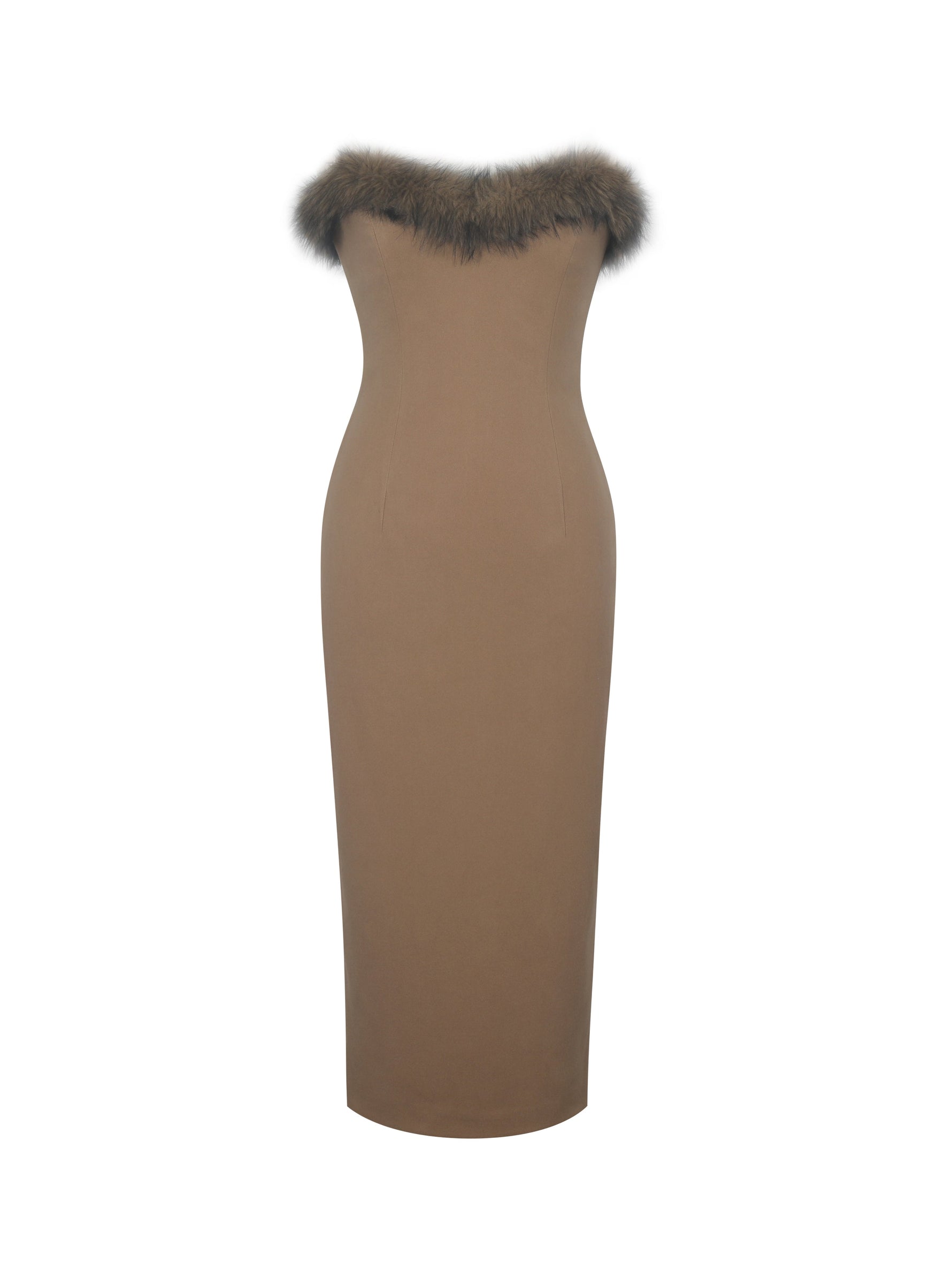 Rayanne Chestnut Strapless Fur-Trimmed Sweetheart Midi Dress