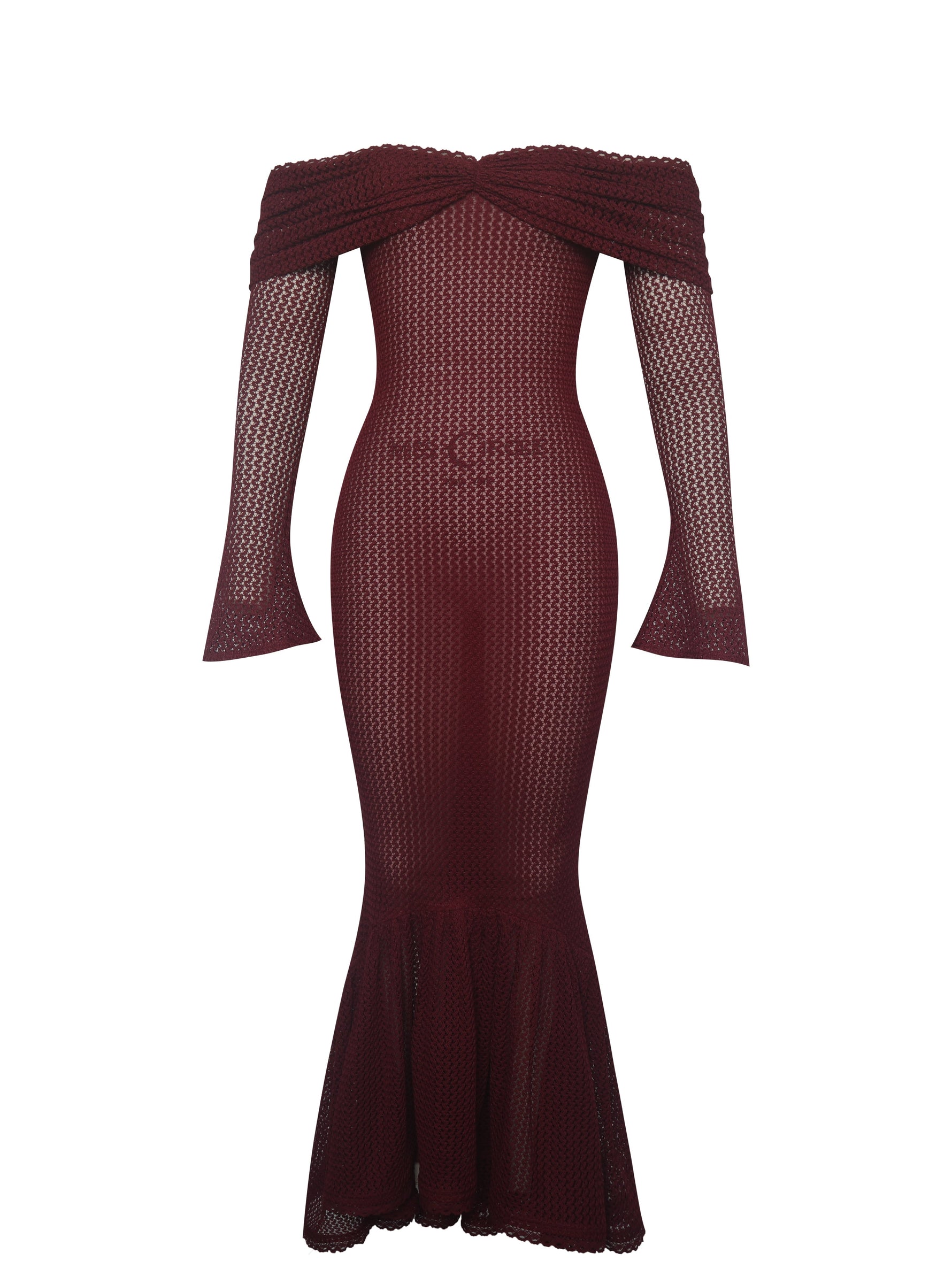 Kaedyn Burgundy Off Shoulder Long Sleeve Crochet Mermaid Maxi Dress Miss Circle