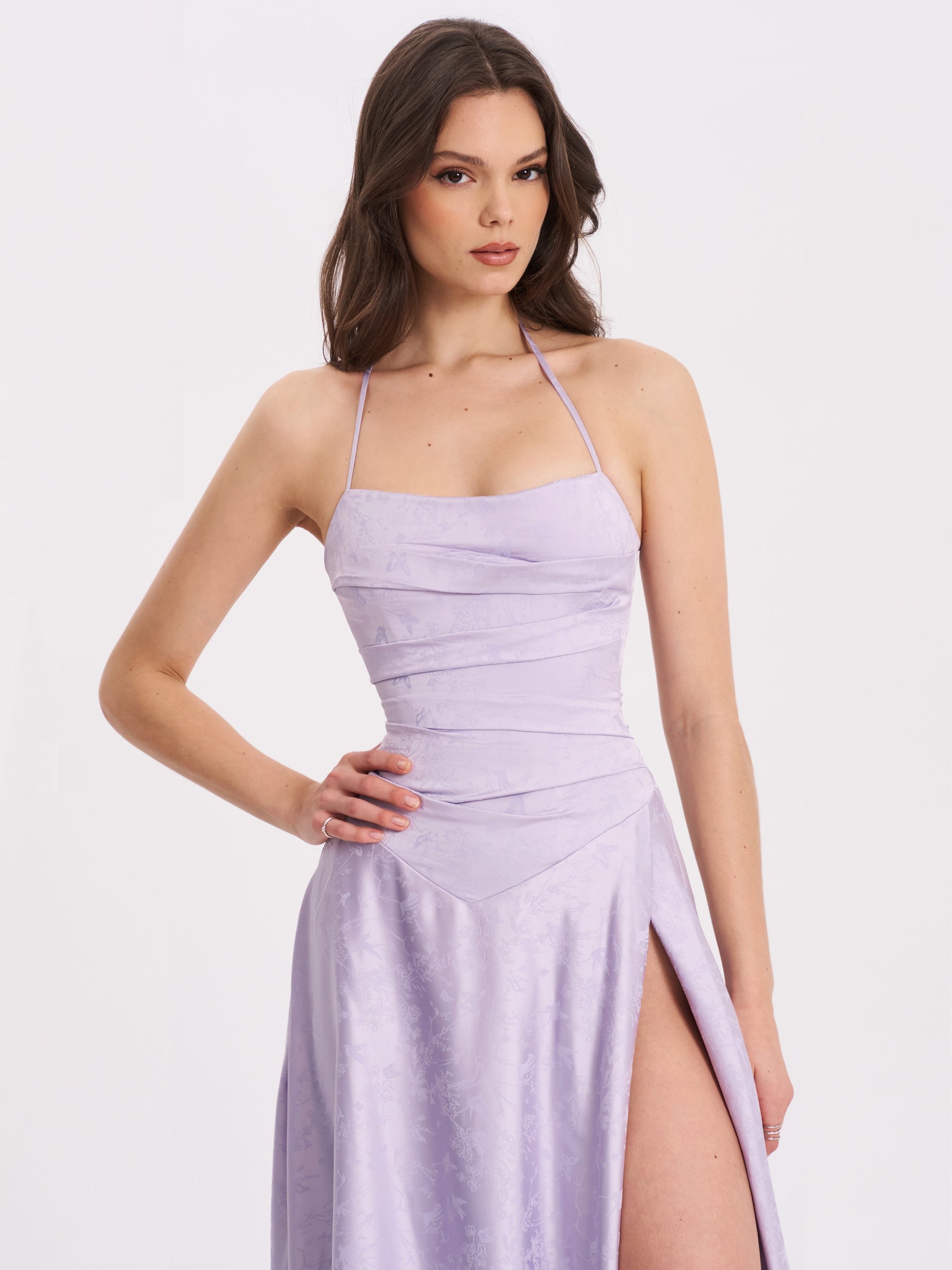 Raegan Taro Purple Jacquard Rouched Maxi Dress
