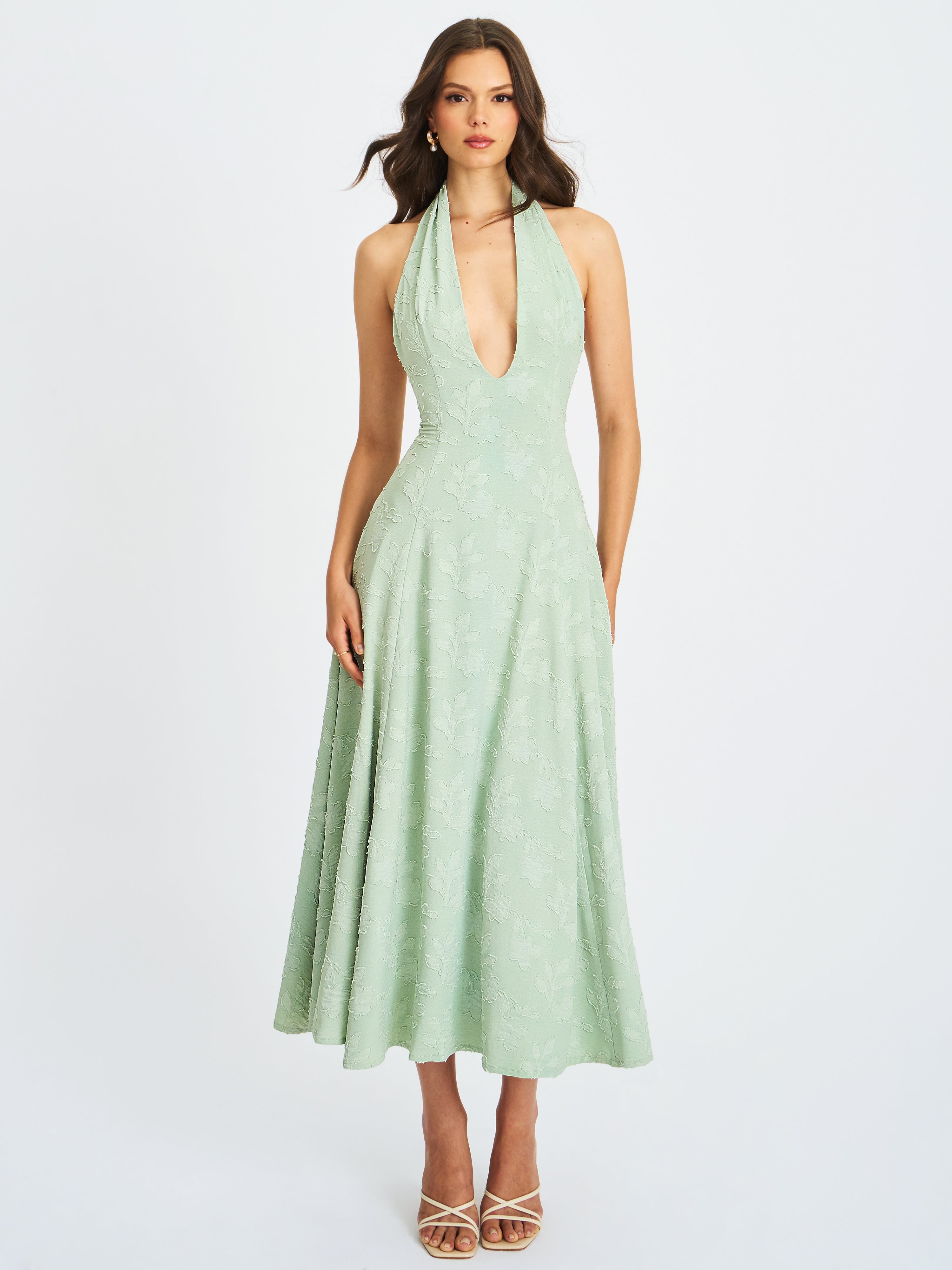 Magda Mint Green Deep V Neck Halter A-line Midi Dress