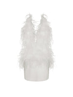 Quisten White Feathered Plunging Halter Mini Dress Miss Circle