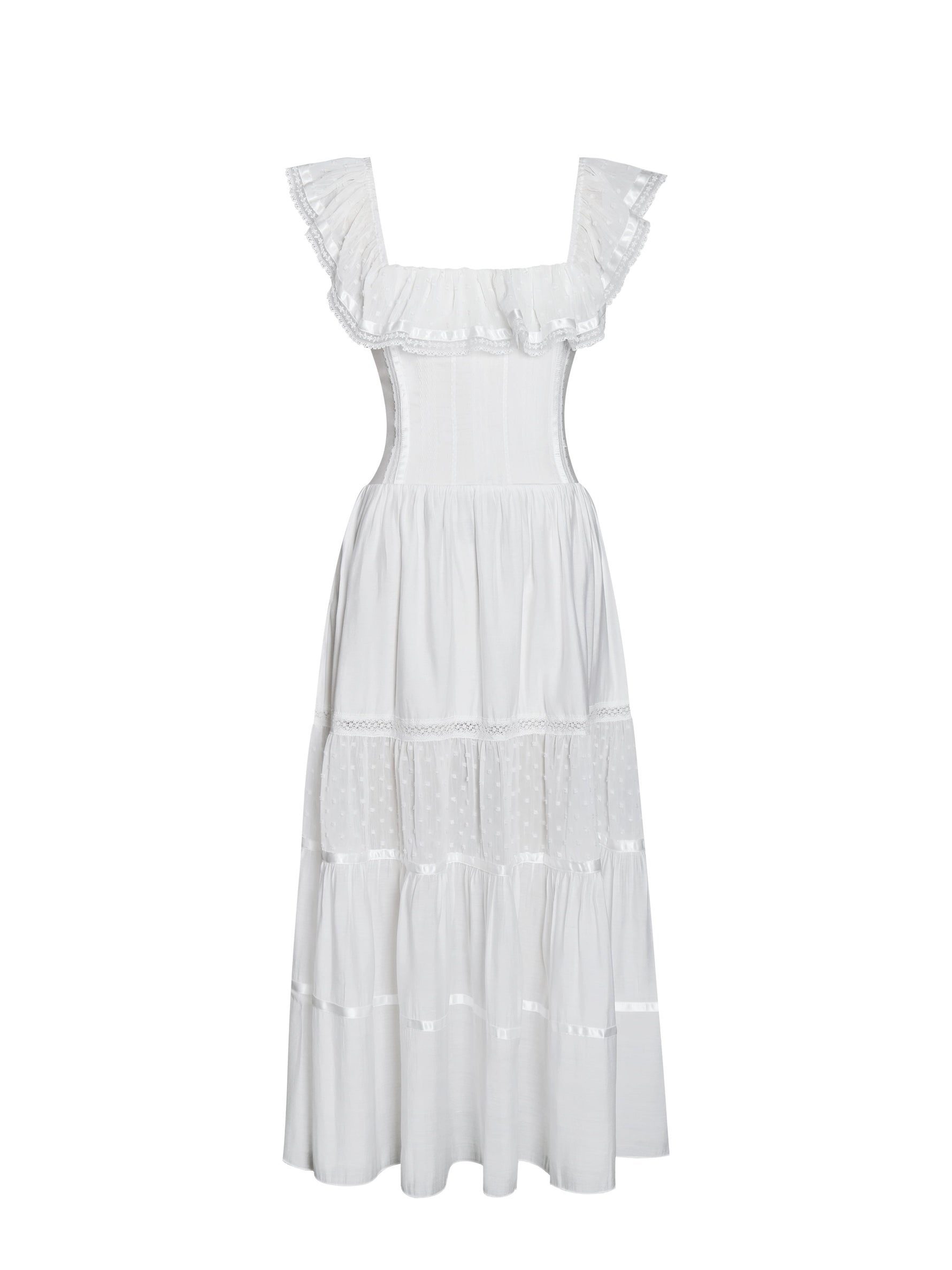 Eden Square Neck Ruffle Trim High Waist Midi Dress