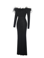 Emberly Black Fur Trimmed Off-Shoulder Rhinestone Mermaid Maxi Dress Miss Circle