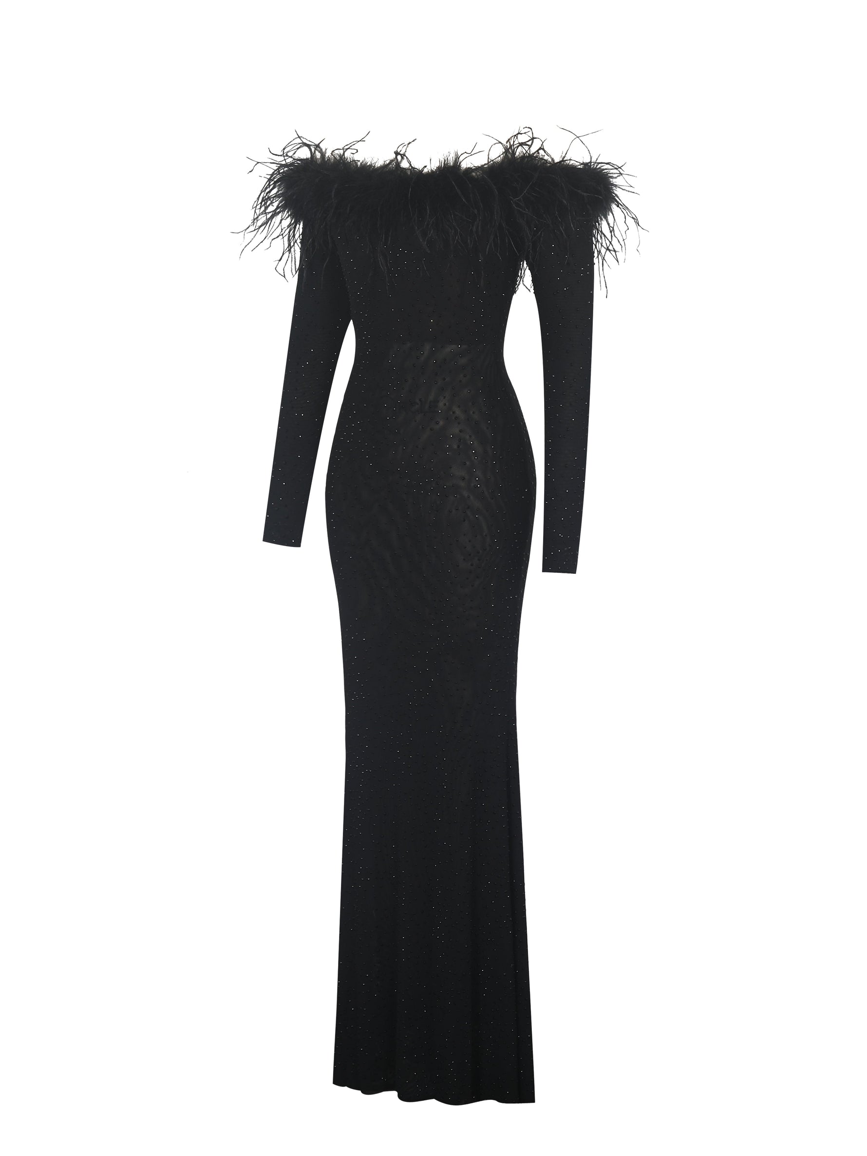 Emberly Black Fur Trimmed Off-Shoulder Rhinestone Mermaid Maxi Dress Miss Circle