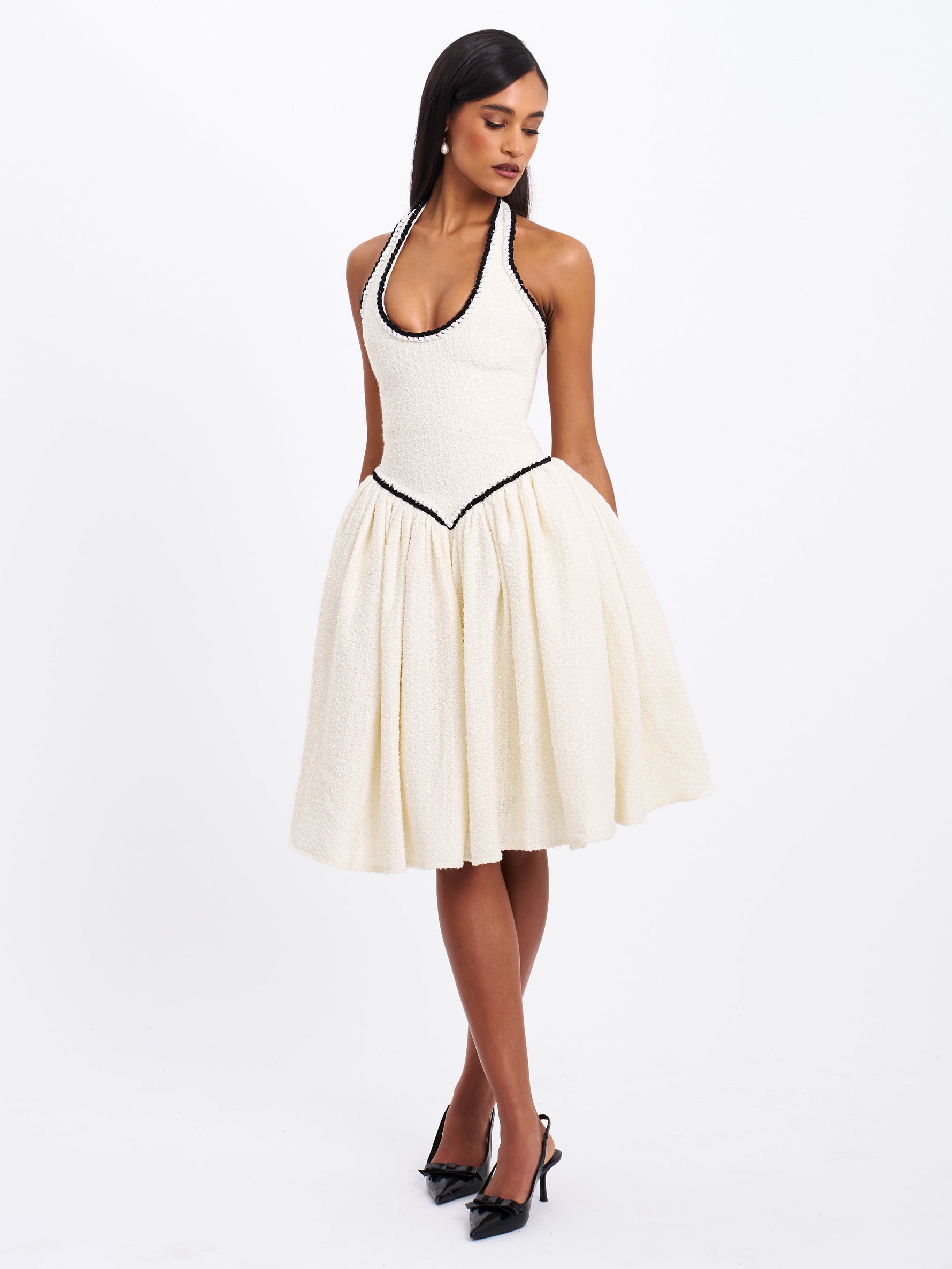 Natalie U Neck Halter Drop Waist Tweed Midi Dress Miss Circle