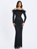 Emberly Black Fur Trimmed Off-Shoulder Rhinestone Mermaid Maxi Dress Miss Circle
