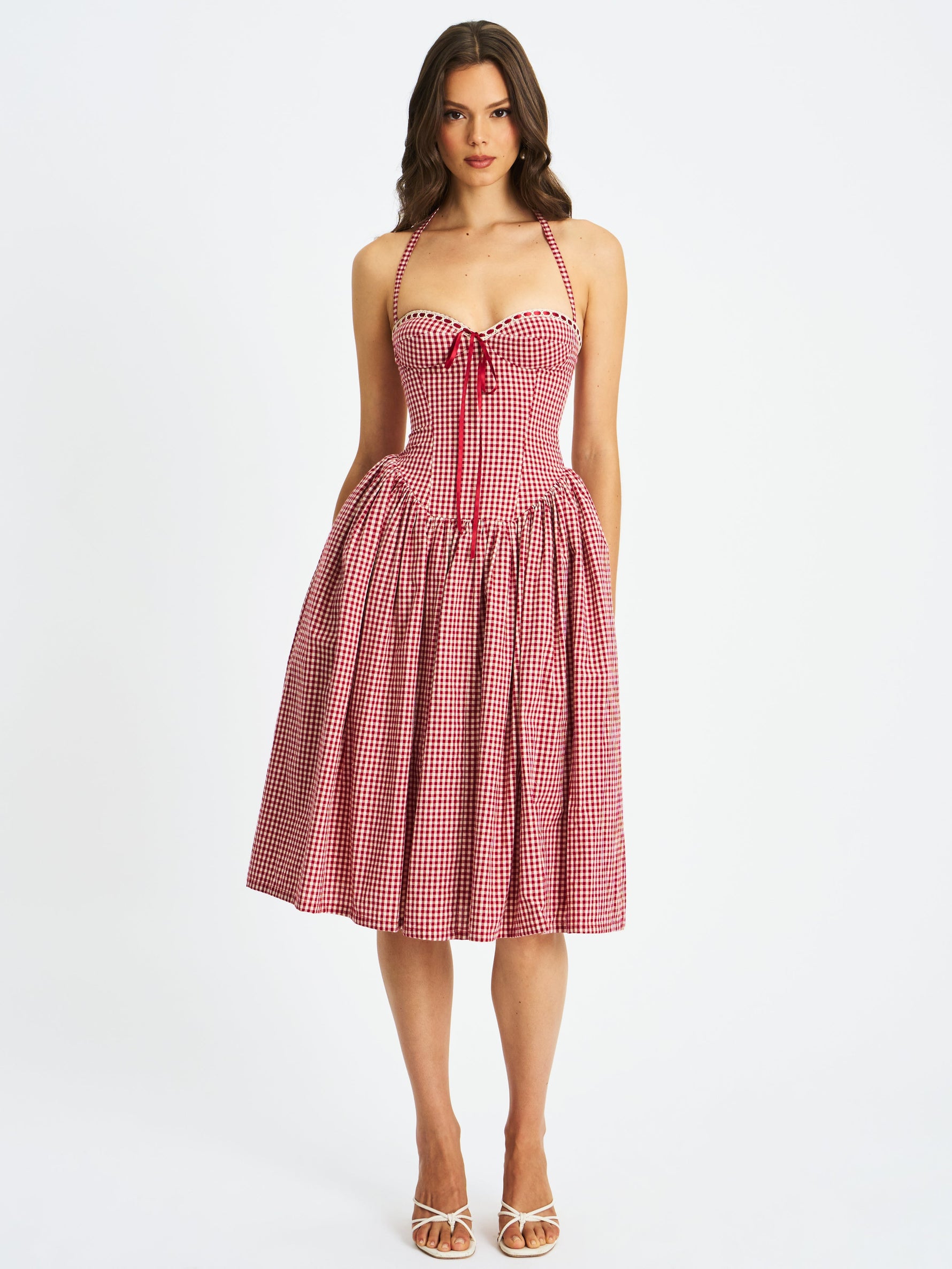 Susanna Red Gingham Halter Drop Waist Midi Dress