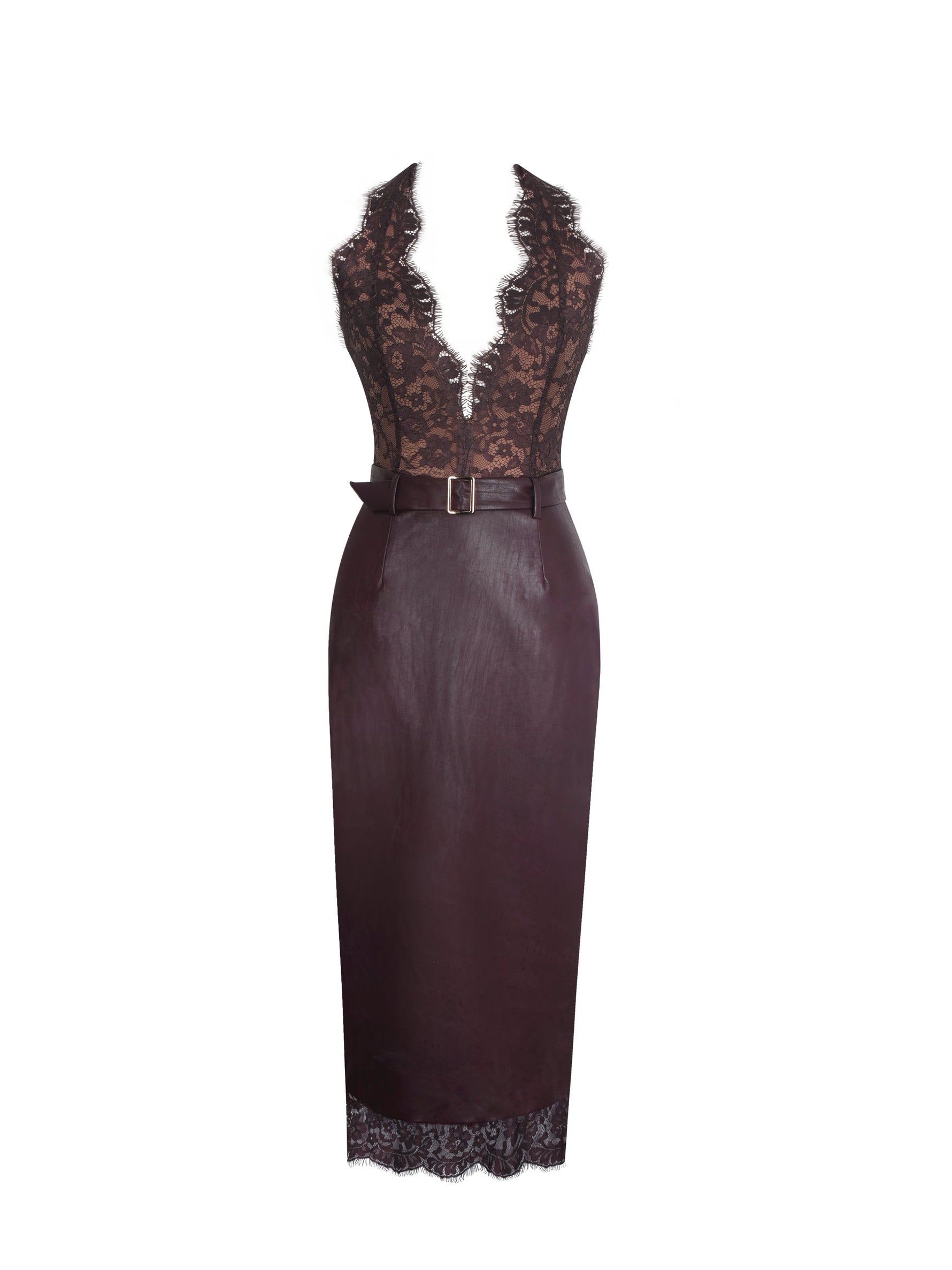 Fiera Mahogany Plunging Halter Belted Midi Dress