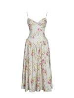 Jacinda Yellow Floral Print Ruched Breast Linen Midi Dress