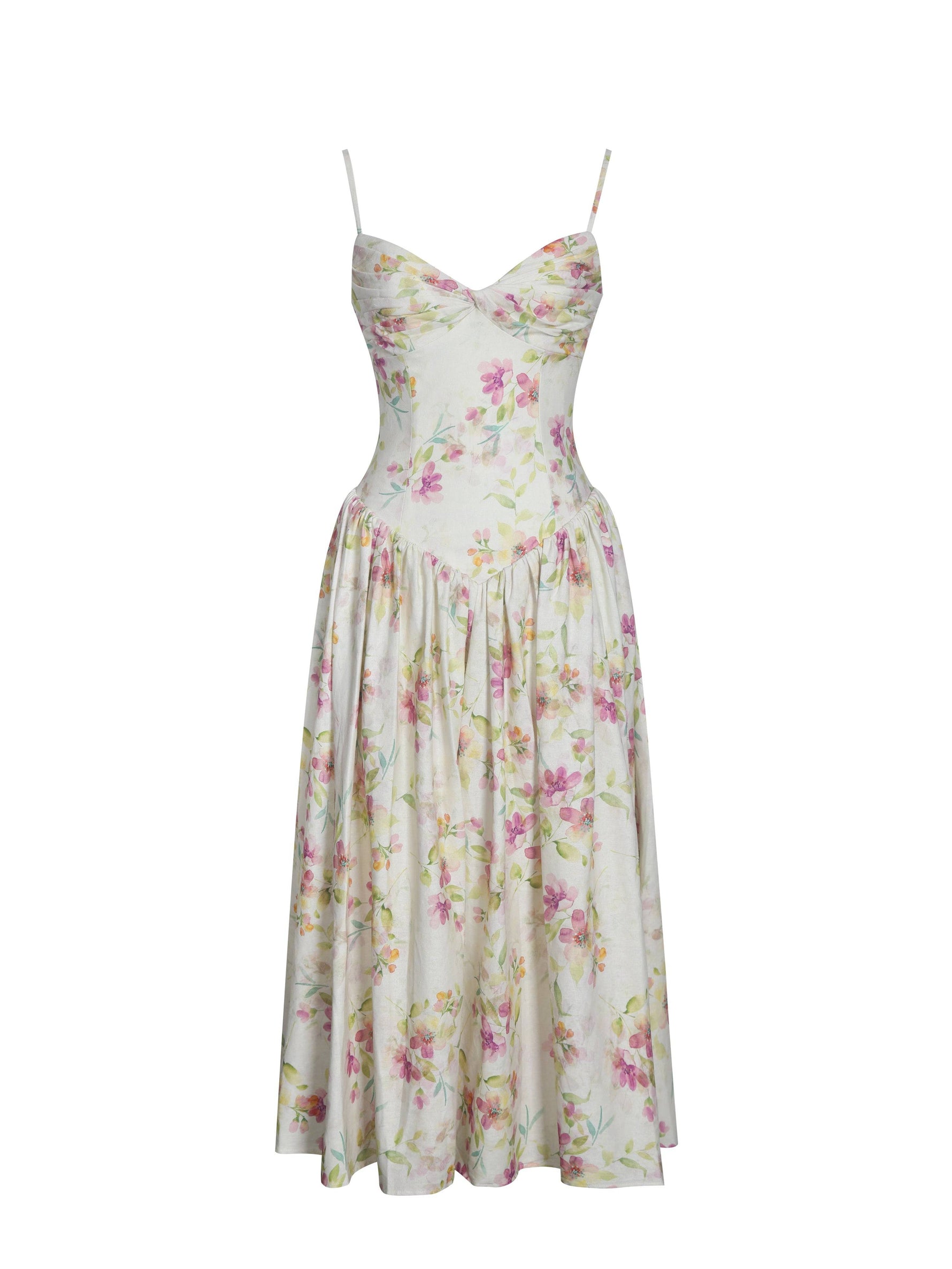 Jacinda Yellow Floral Print Ruched Breast Linen Midi Dress