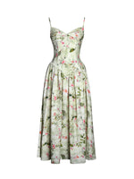Jacinda Green Floral Print Ruched Breast Linen Midi Dress