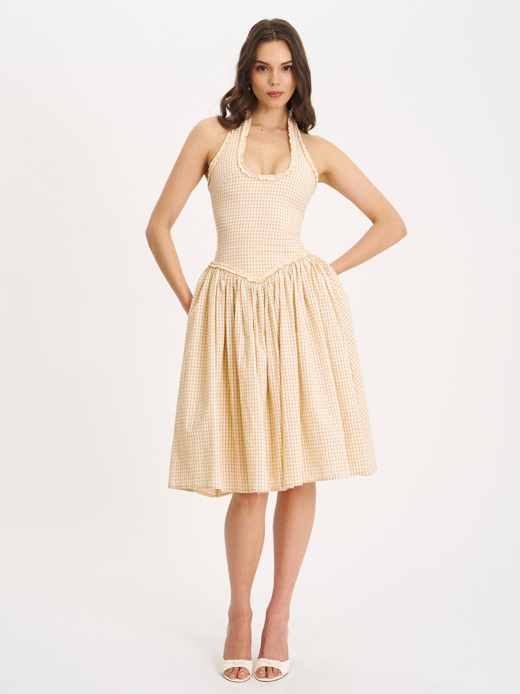 Idella Yellow Gingham U Neck Midi Dress