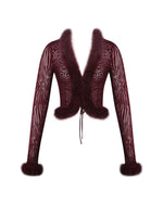 Hali Burgundy Animal Print Burnout Velvet Fur Trim Top Miss Circle