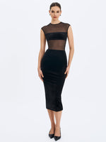 Quielle Black Mesh and Velvet Midi Bodycon Dress Miss Circle