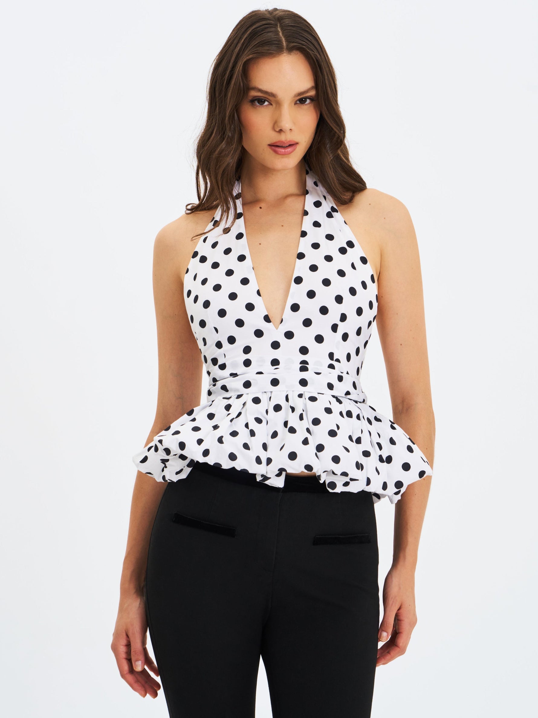 Ilene White and Black Polka Dot Bubble Hem Halter Top Miss Circle