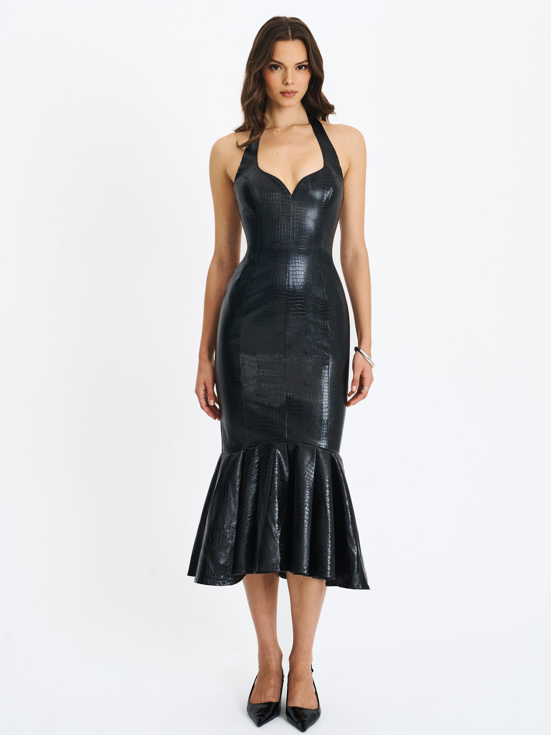 Gardenia Black Leather Midi Sweetheart Halter Flared Dress