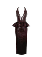 Jaslene Mahogany Ruched Peplum Plunge Halter Midi Dress Miss Circle