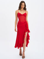 Dahlina Red Ruched Waist High Slit Midi Dress