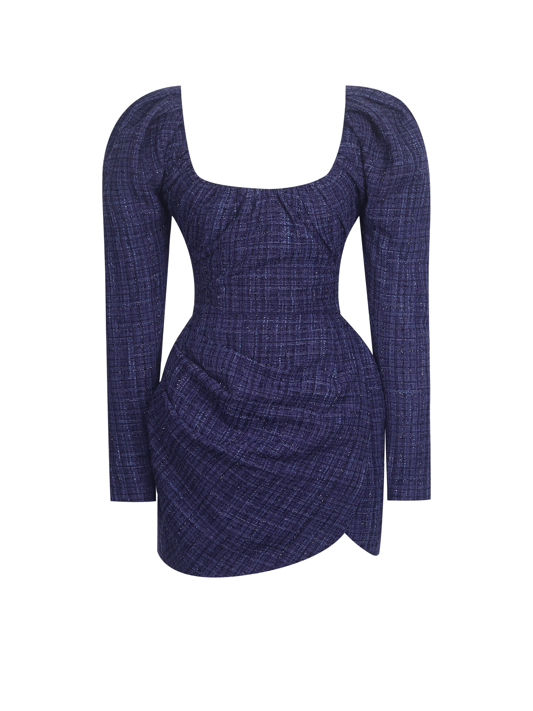 Denise Navy Tweed Ruched Puff Sleeve Mini Dress Miss Circle