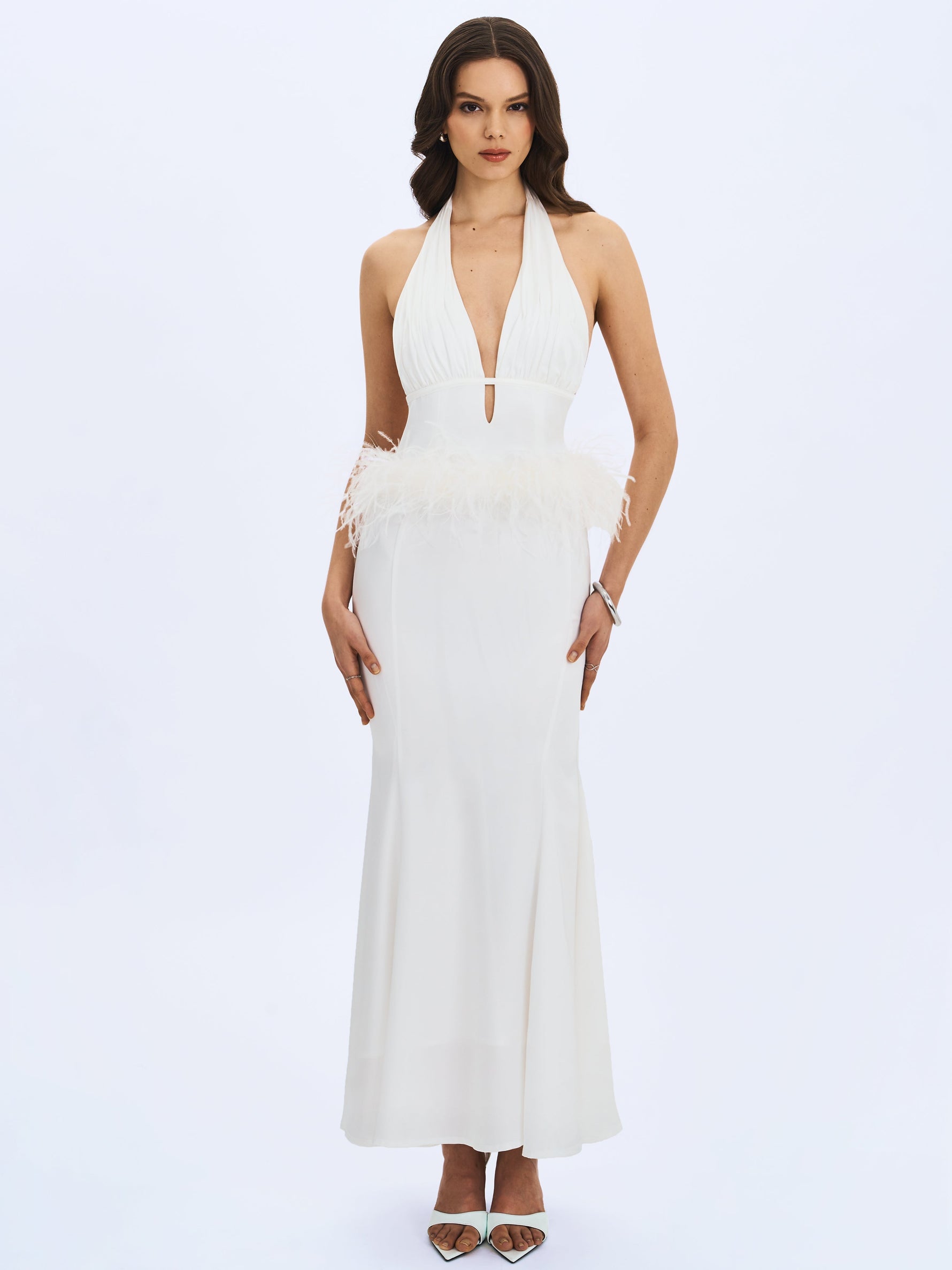 Solene Pleated Halter Backless Feather-Trim Maxi Dress Miss Circle