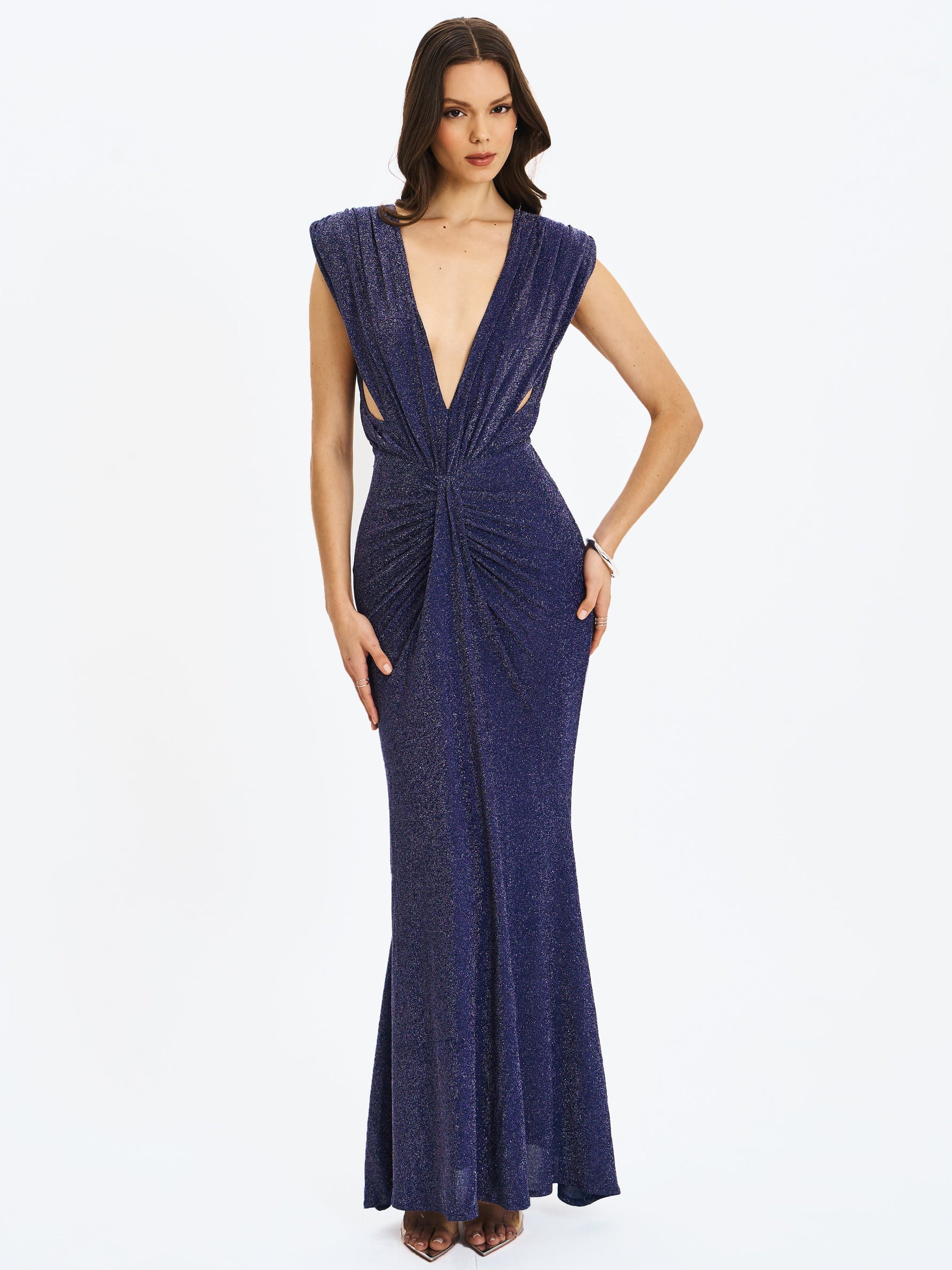 Terri Navy Sparkle Plunging Backless Maxi Dress Miss Circle