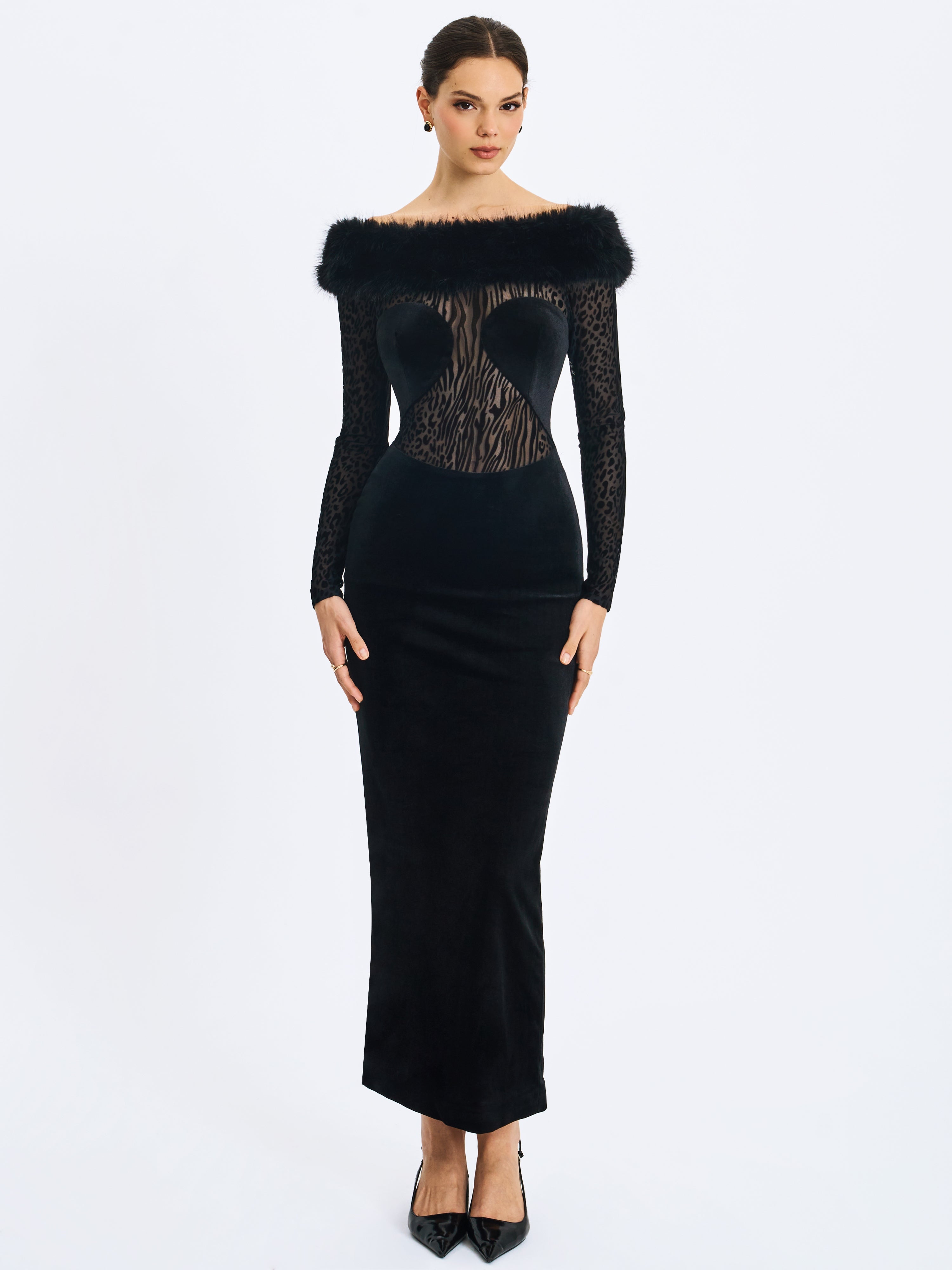 Alexis Black Velvet Animal Print Fur Boatneck Maxi Dress Miss Circle