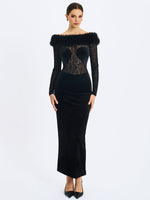 Alexis Black Velvet Animal Print Fur Boatneck Maxi Dress Miss Circle