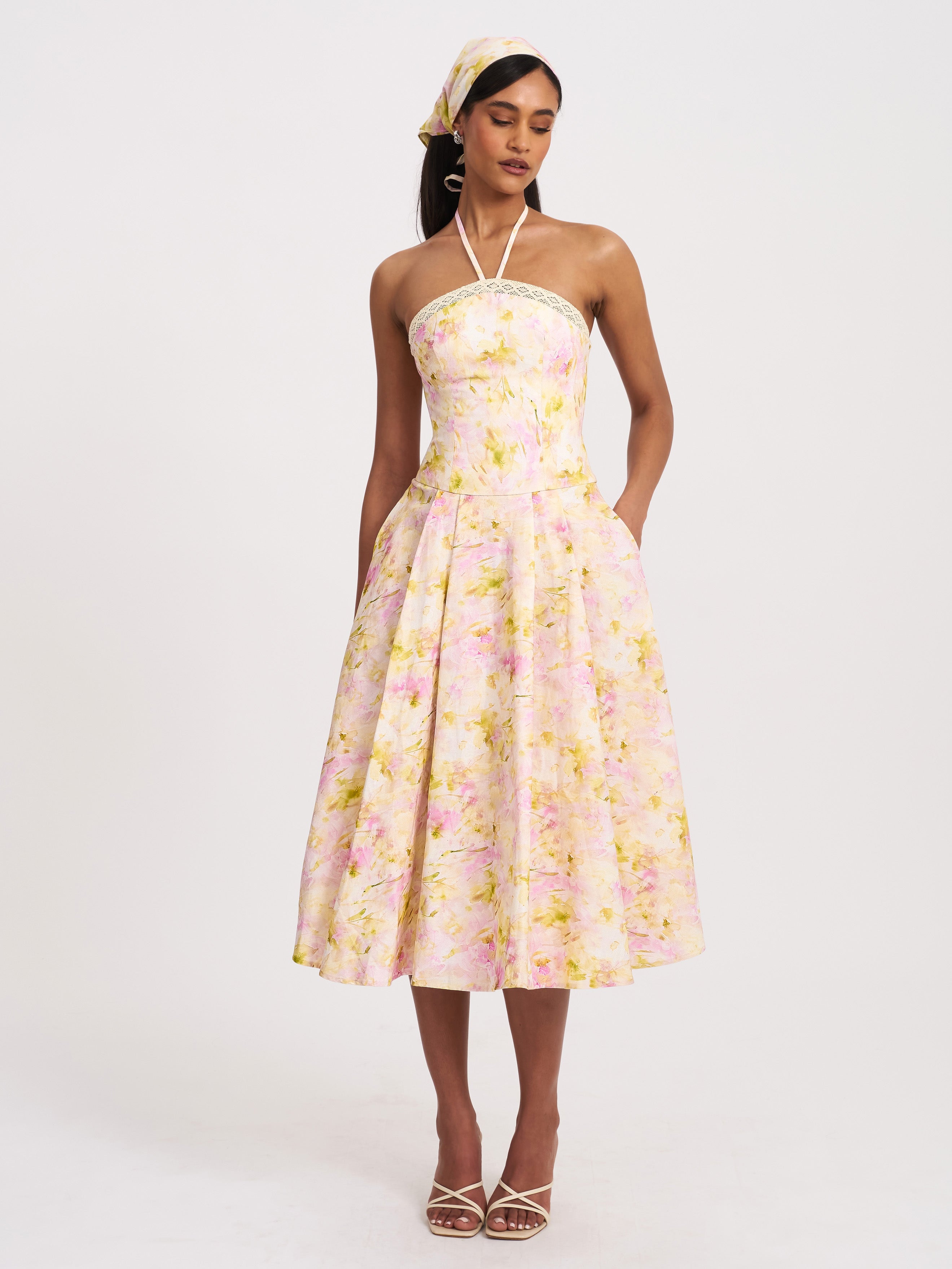 Zaina Yellow Pink Floral Print Lace Trim Linen Midi Dress