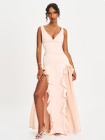 Talyssa Baby Pink Ruched Waist Double High Slit Maxi Gown (Archive Sale)