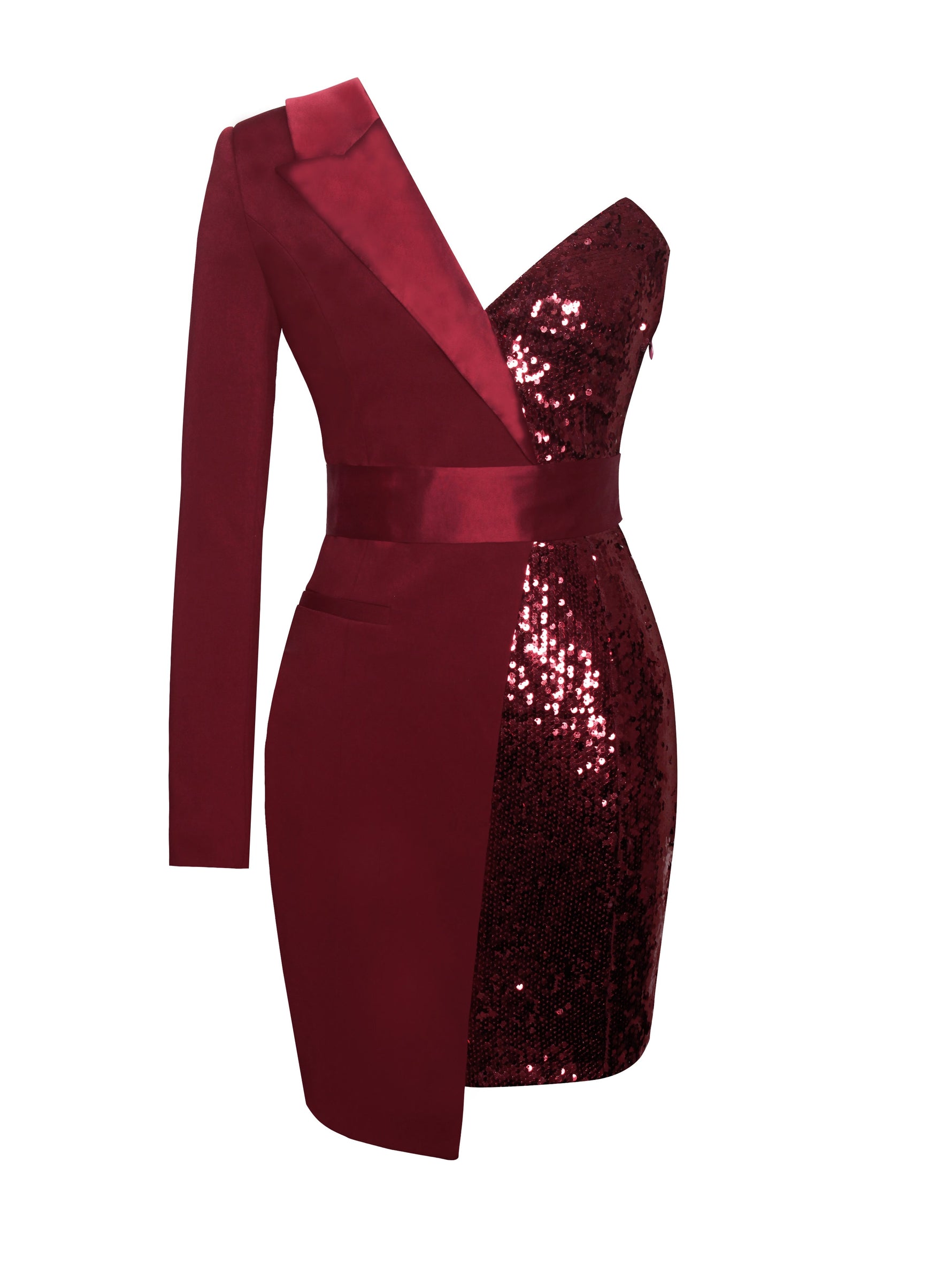 Silver Night Wine Red Sequin Crepe Tuxedo Blazer Dress