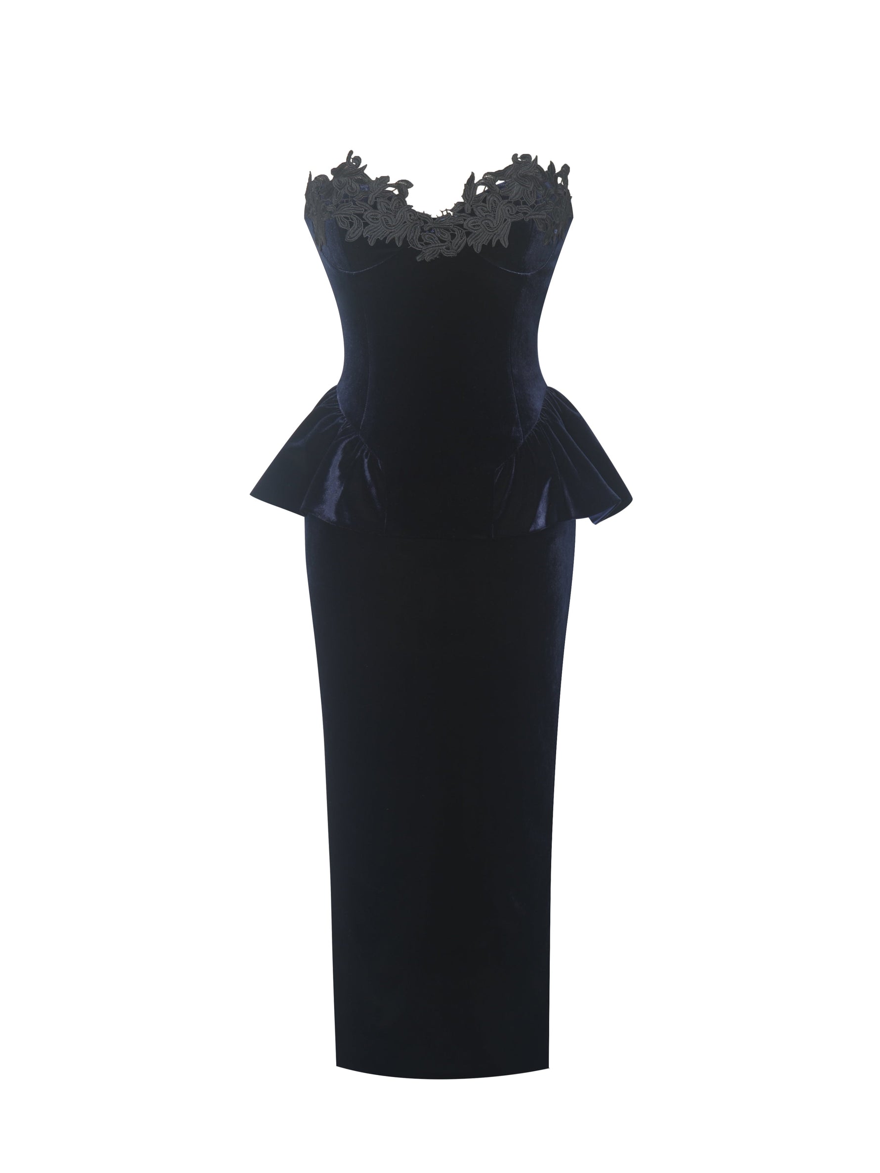 Pascha Black Lace Appliqué Strapless Peplum Midi Dress Miss Circle