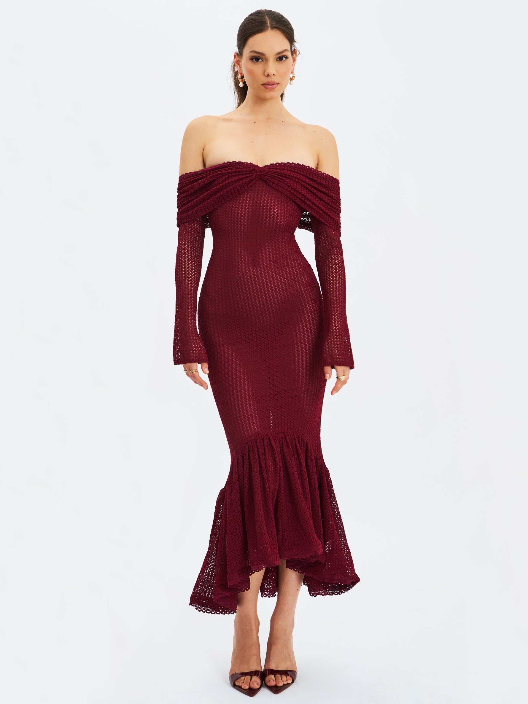 Kaedyn Burgundy Off Shoulder Long Sleeve Crochet Mermaid Maxi Dress Miss Circle
