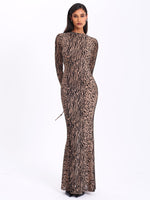 Waylynn Nude Black Animal Print Burnout Velvet Detail Mesh Backless Maxi Dress