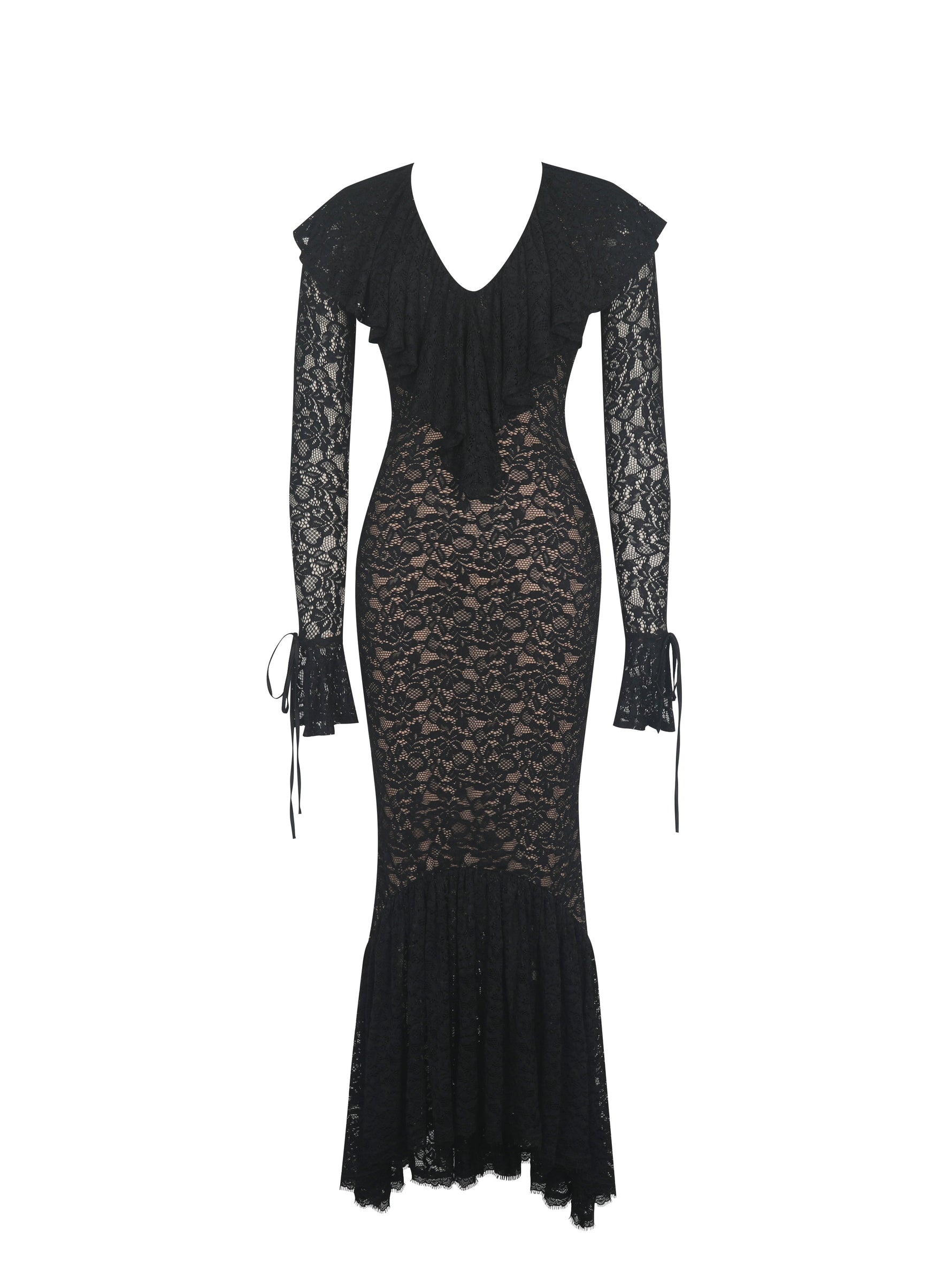 Parisa Black Lace Ruffled Mermaid Maxi Dress