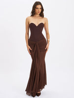 Giovana Espresso Sweetheart Draped Mesh Mermaid Maxi Dress