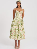 Jacinda Green Floral Print Ruched Breast Linen Midi Dress