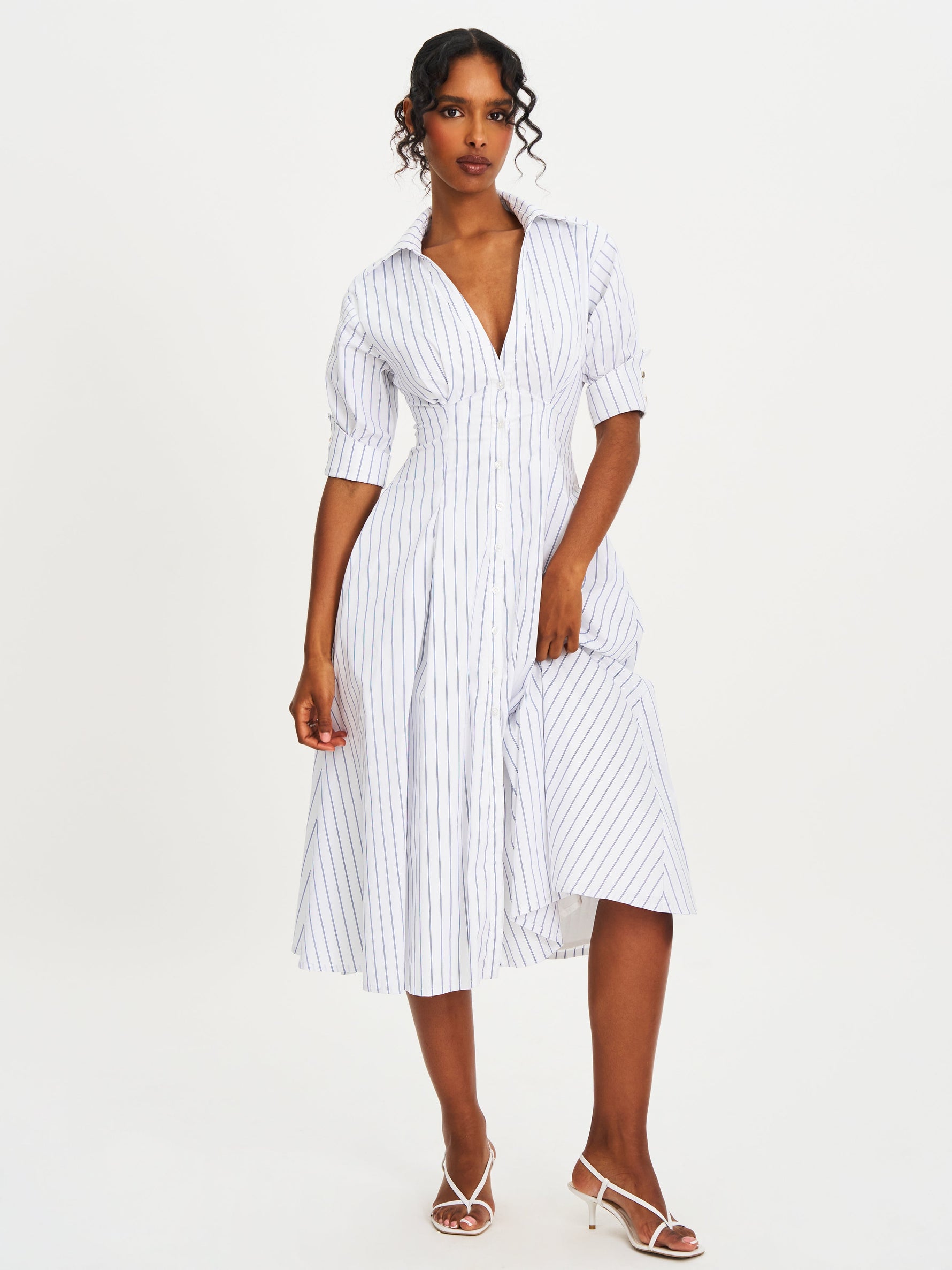 Palina Pinstripes Cotton Poplin Pleated Midi Preppy Shirt Dress Miss Circle