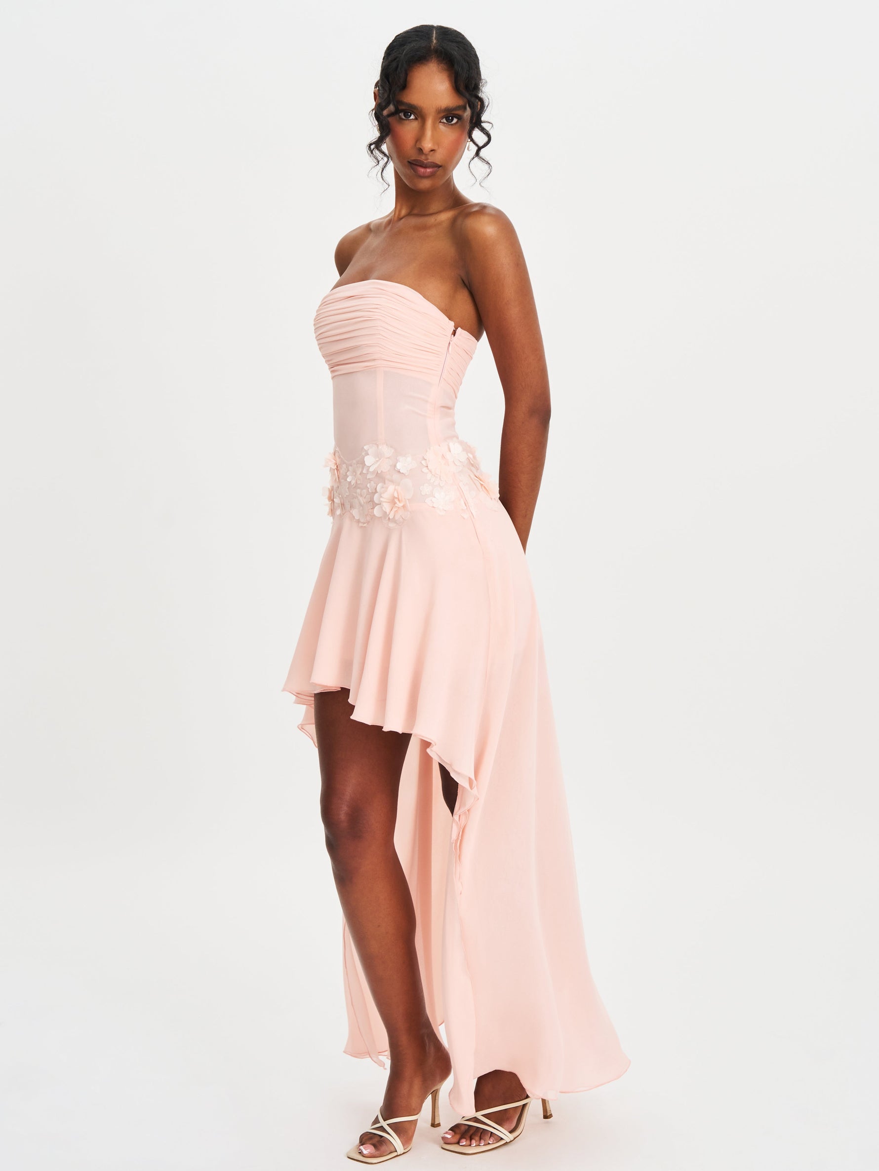 Mae Pink Ruched Breast Appliqué Trim Trailing Dress