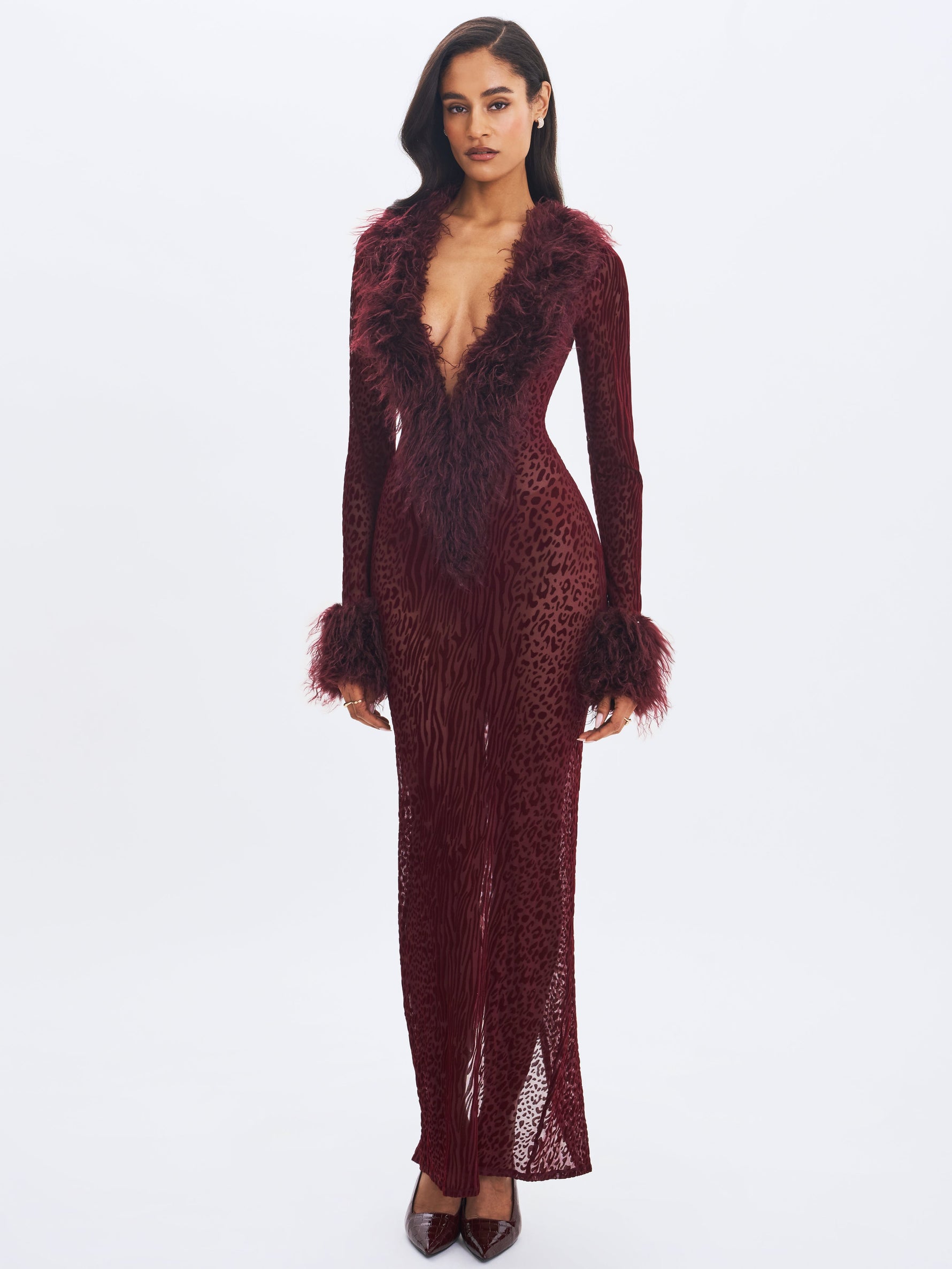 Luana Burgundy Plunging Fur Trimmed Crochet Maxi Dress