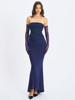 Orabelle Navy Beaded Peplum Mermaid Maxi Gown with Lace-up Back Miss Circle