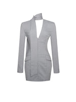 Tahlia Deep V Pinstripes Gray Blazer Dress with scarf collar Miss Circle