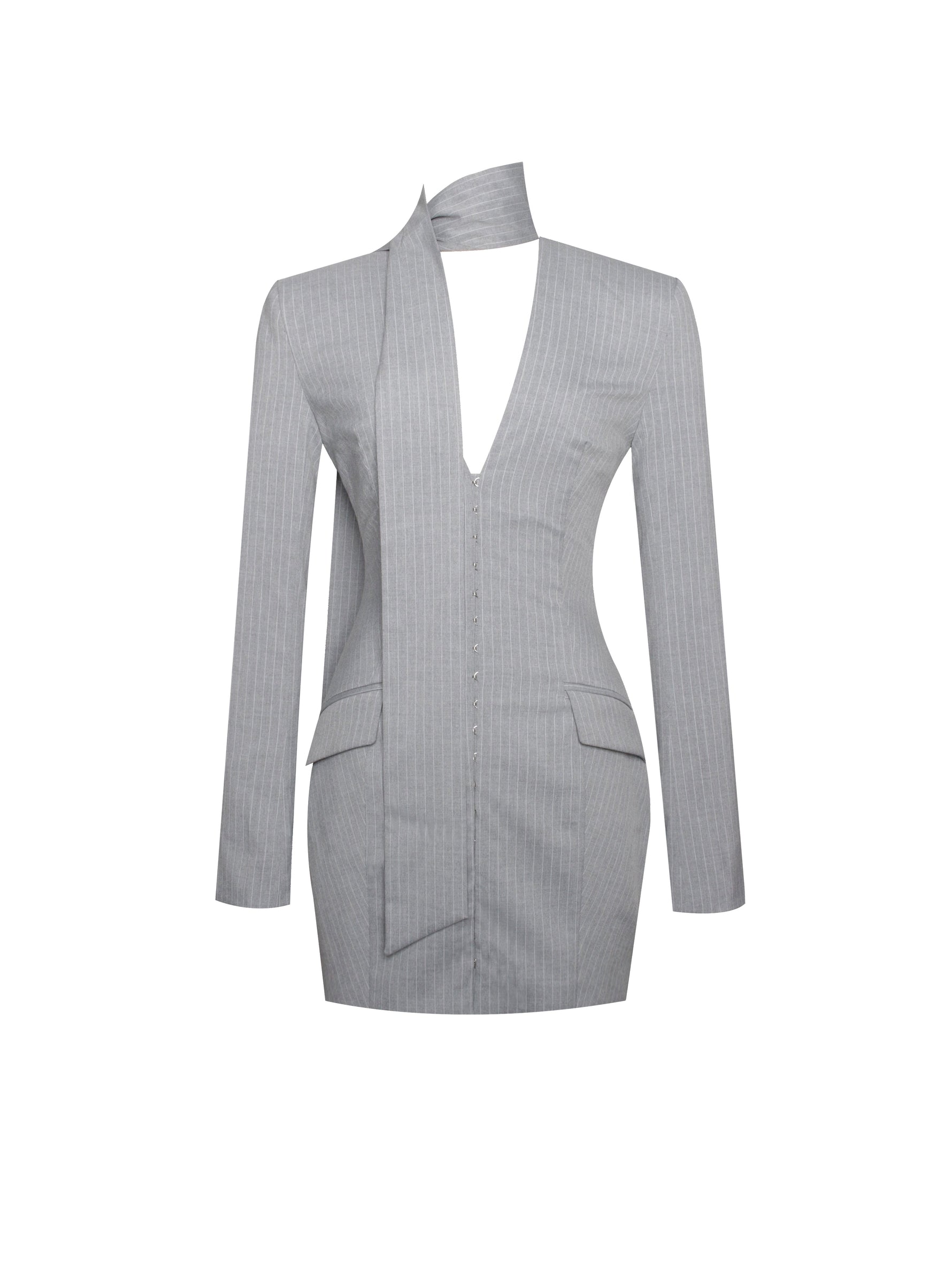 Tahlia Deep V Pinstripes Gray Blazer Dress with scarf collar Miss Circle