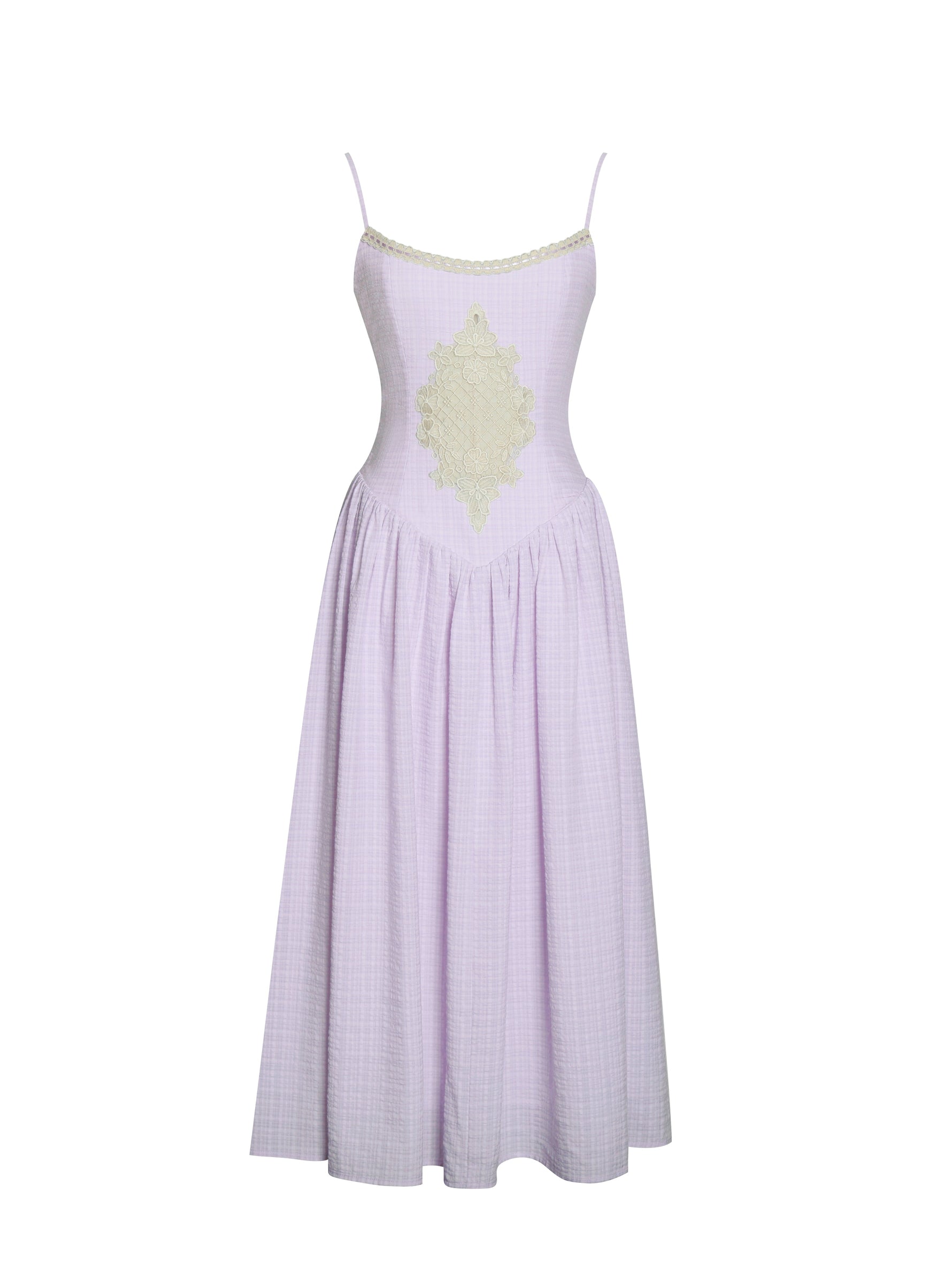 Jaclyn Lavender Lace Trim Cutout Seersucker Midi Dress