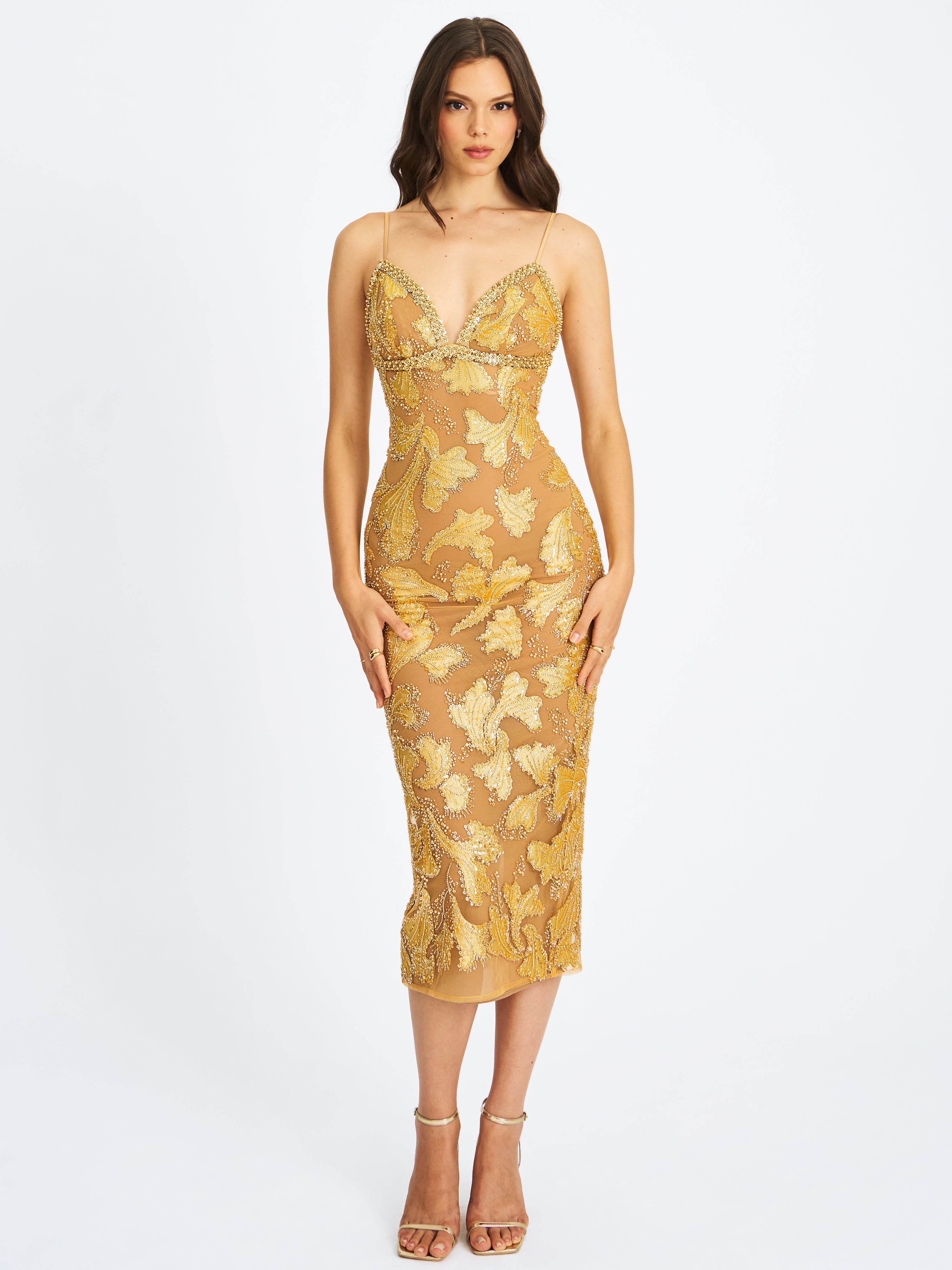 Edie Gold Beaded Sequin Midi Pencil Dress Miss Circle