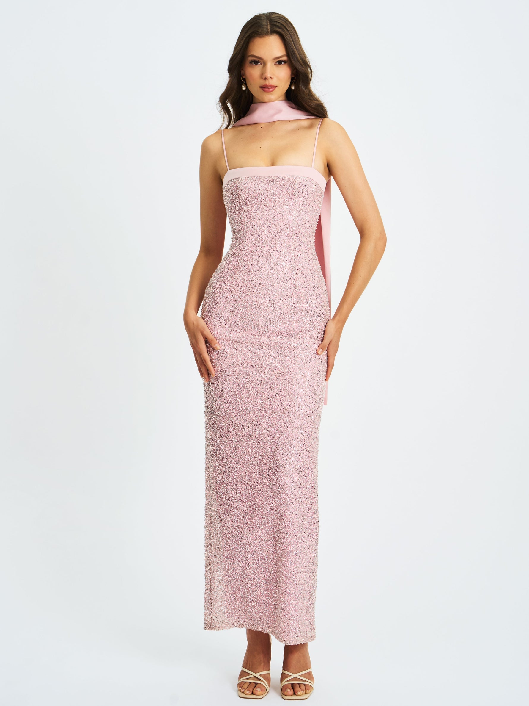 Raizel Pink Beaded Sequin Bodycon Gown with Scarf Miss Circle