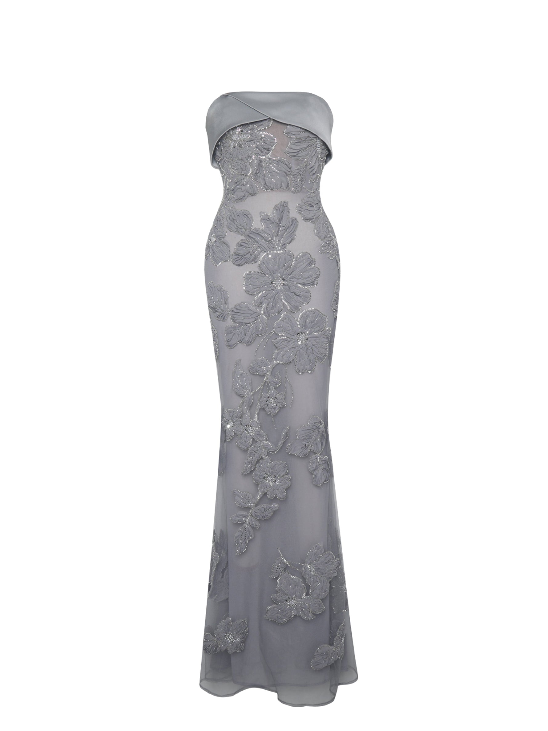 Raphaela Silver Beaded Floral Strapless Mermaid Maxi Dress