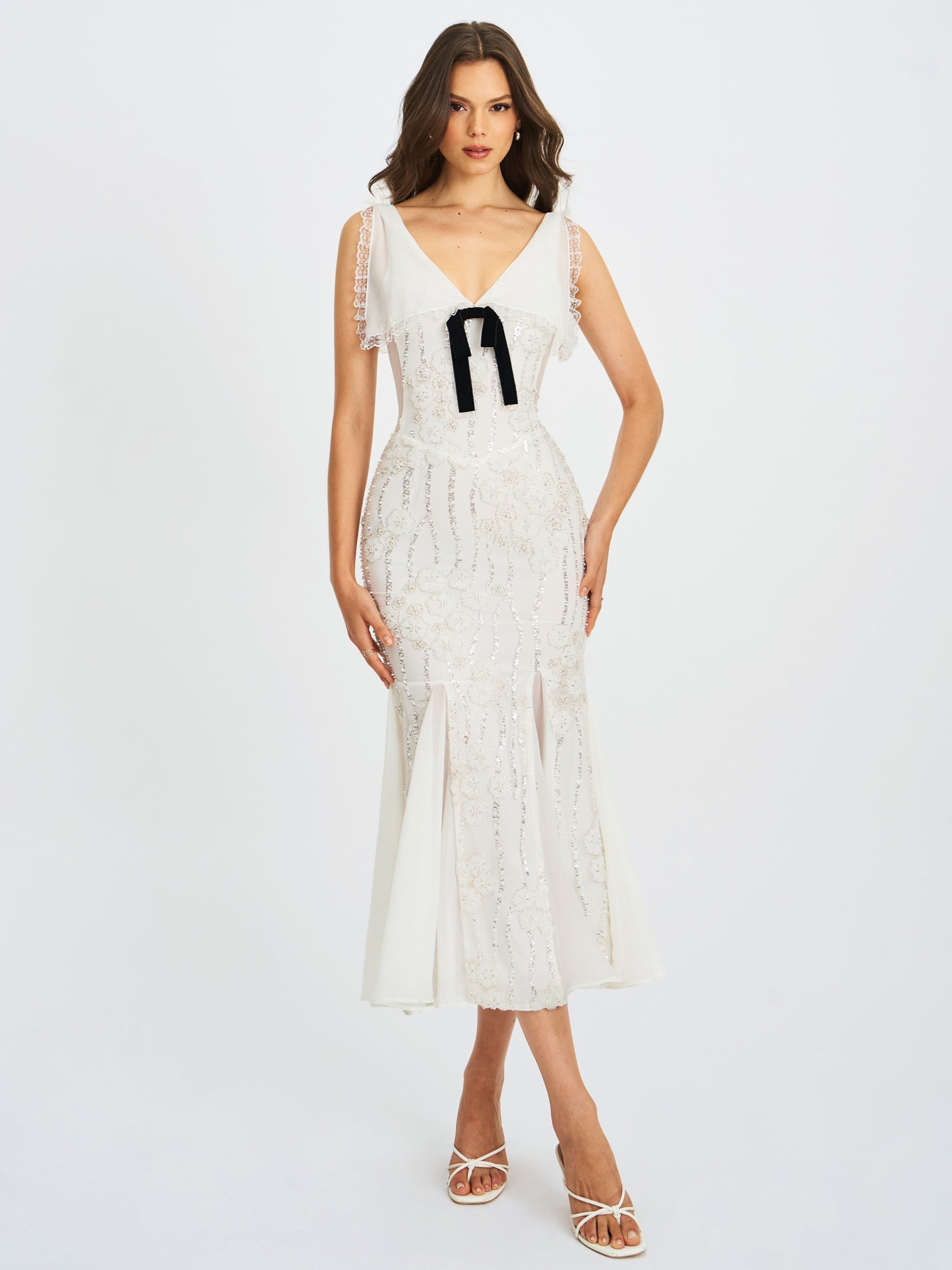 Paola White Peter Pan Collar Beaded Sequin Mermaid Midi Dress Miss Circle