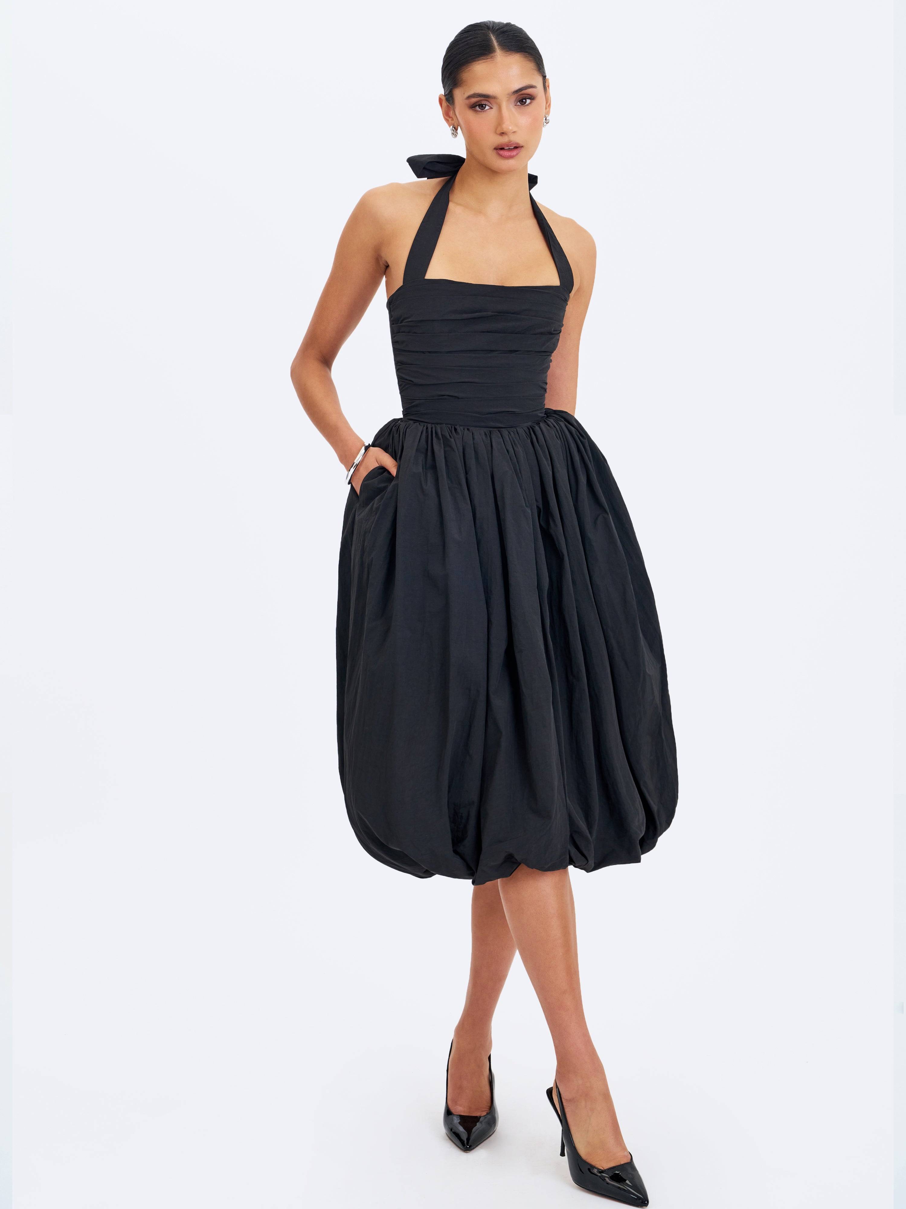 Veradis Black Taffeta Halter Bubble-Hem Midi Dress